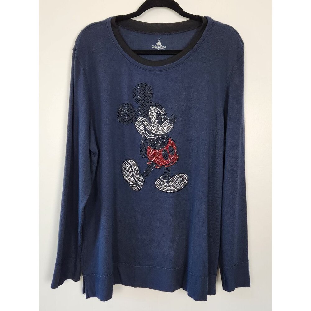 Disney Parks Bedazzled Mickey Mouse Lightweight Long Sleeve Navy Blue T Shirt XL